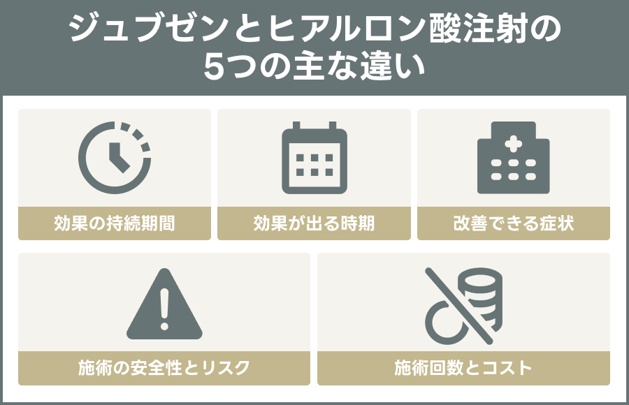 ジュブゼンとヒアルロン酸注射の5つの主な違いを示す説明図｜ライブリークリニック