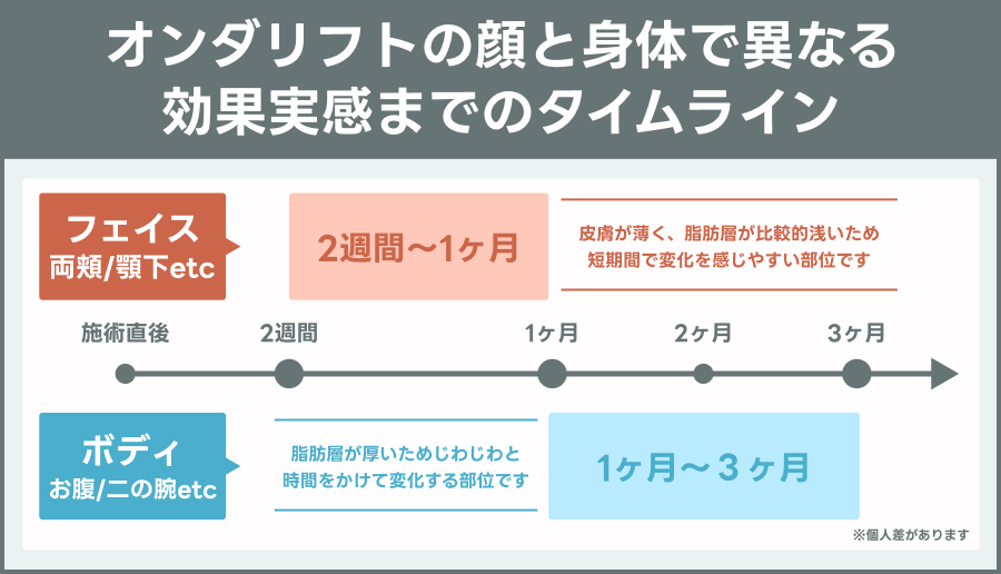 オンダリフトの顔と身体で異なる効果実感までのタイムライン｜ライブリークリニック