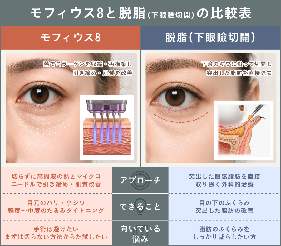 モフィウス8と目の下の脱脂（経結膜脱脂）の特徴や適応、ダウンタイムなどの違いを比較した一覧表｜ライブリークリニック