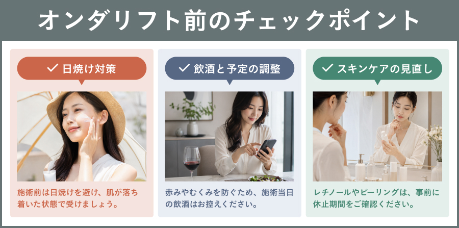 オンダリフトの施術前のチェックした方がいいポイントをまとめた解説図｜ライブリークリニック
